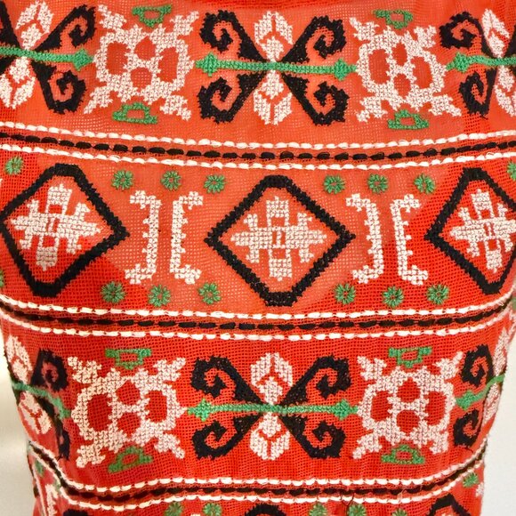 Zara Baby Doll Mini Dress Women Medium Red Embroidered Mesh Keyhole Short Sleeve - Picture 8 of 10